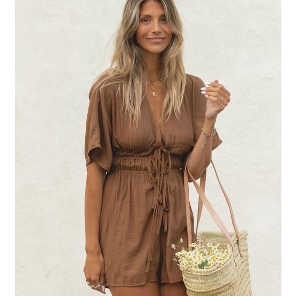 Solai Pants - Solai Size Small Drawstring Waist Tie Back Romper Brown Cut Out Short Sleeves